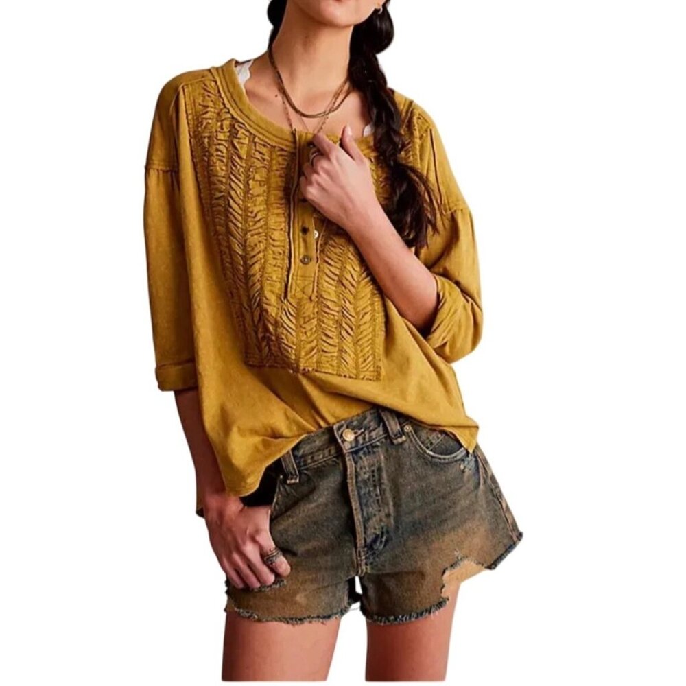 Free People We The Free Redone Tee In Adriatic Sea Mustard Womens 3/4 Sleeve S - Picture 12 of 13